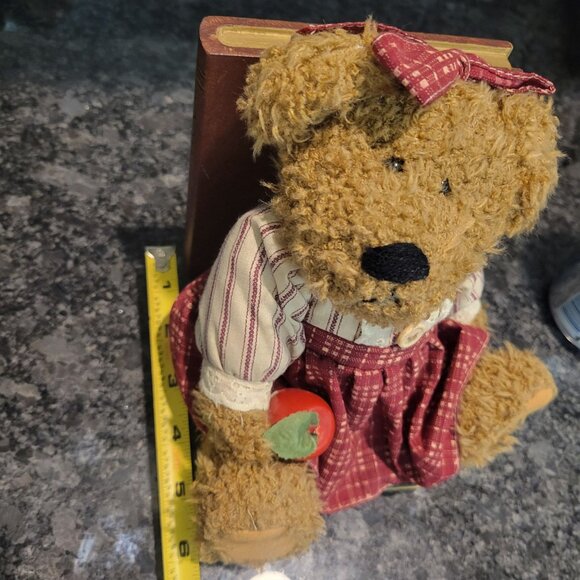 Vintage Teddy Bear Bookend - Red Gingham Dress & Bow Holding an Apple - Picture 7 of 16